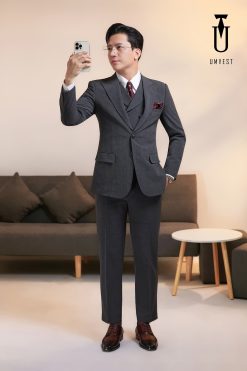 Vest Nam Màu Xám Đậm Kẻ