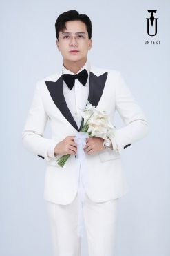 Tuxedo Cưới Trắng Ve Nhọn Đen